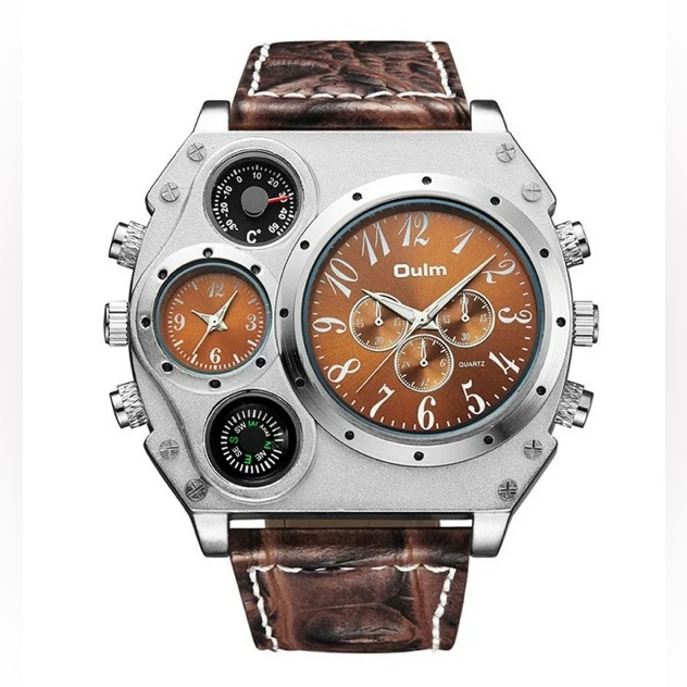 Oulm Silver And Brown Multi-Dial Timepiece
